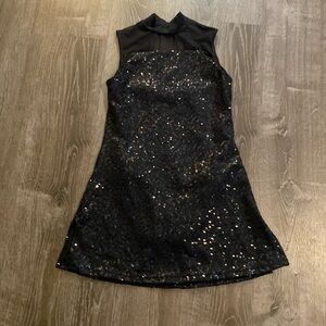 Black Sequin Dress Dance Costume, w/slits, briefs attached, size LC